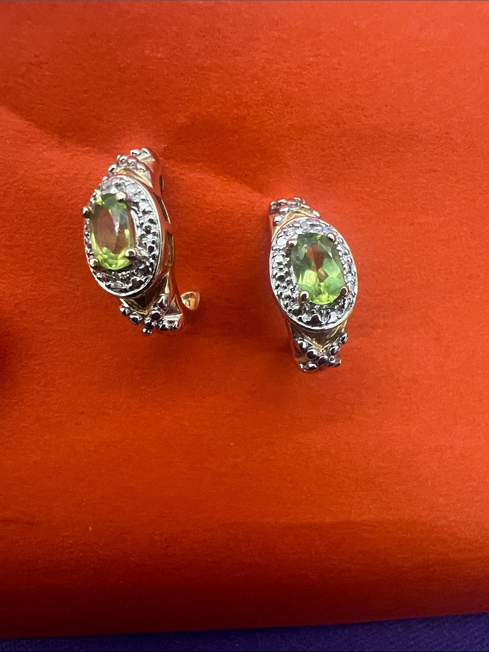Sterling Silver Peridot Oval Hoop Earrings - Green Gem Accents